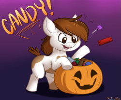 Size: 725x600 | Tagged: safe, artist:scottc, imported from derpibooru, pipsqueak, pony, candy, gradient background, halloween, holiday, jack-o-lantern, male, pumpkin, solo