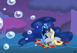 Size: 1522x1057 | Tagged: safe, artist:kudalyn, imported from derpibooru, derpy hooves, nightmare moon, pegasus, pony, bubble, duo, female, mare, night, picnic