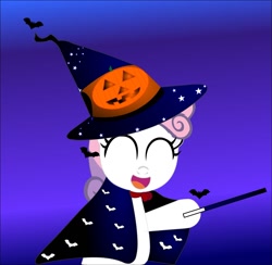 Size: 1158x1130 | Tagged: safe, artist:allukakalluto, imported from derpibooru, sweetie belle, bat, cute, halloween, holiday, jack-o-lantern, nightmare night, pumpkin, wand, witch