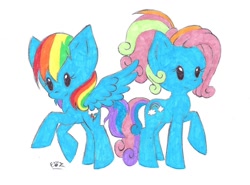 Size: 900x667 | Tagged: safe, artist:polishhedgiefangirl, imported from derpibooru, rainbow dash, rainbow dash (g3), g3, g3 to g4, g3.5, g4, generation leap, traditional art