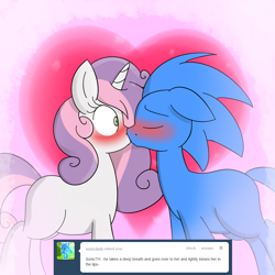 Size: 1000x1000 | Tagged: dead source, safe, artist:tails-doll-lover, imported from derpibooru, sweetie belle, oc, oc:sonic dash, ask, blushing, canon x oc, crossover shipping, kiss on the lips, kissing, ponified, shipping, sonic the hedgehog, sonic the hedgehog (series), sonicbelle, teenage crusaders answers, teenager, tumblr