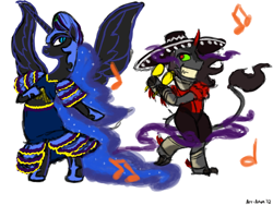 Size: 900x675 | Tagged: safe, artist:aa, imported from derpibooru, king sombra, nightmare moon, pony, unicorn, bipedal, claws, clothes, dancing, dress, duo, ethereal mane, female, king sombrero, male, maracas, mare, music notes, musical instrument, shipping, sombramoon, sombrero, stallion, starry mane, straight