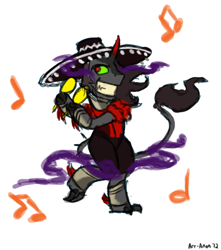 Size: 596x675 | Tagged: safe, artist:aa, imported from derpibooru, king sombra, pony, umbrum, unicorn, the crystal empire, spoiler:s03, bipedal, claws, clothes, cute, dancing, king sombrero, looking at you, male, maracas, music notes, musical instrument, simple background, smiling, solo, sombra eyes, sombradorable, sombrero, stallion, white background