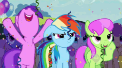 Size: 800x450 | Tagged: safe, edit, edited screencap, imported from derpibooru, screencap, amethyst star, cloud kicker, derpy hooves, dizzy twister, lemon hearts, merry may, orange swirl, rainbow dash, rainbowshine, sparkler, sunshower raindrops, twinkleshine, pony, season 2, the mysterious mare do well, animated, bipedal, cheering, confetti, female, floppy ears, frown, glare, hub logo, open mouth, ping pong, pouting, reversed, smiling