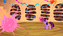 Size: 853x480 | Tagged: safe, imported from derpibooru, screencap, spike, twilight sparkle, dragon, pony, unicorn, secret of my excess, animated, eyes closed, female, glare, levitation, magic, male, mare, open mouth, perfect loop, raised hoof, running, telekinesis, teleportation