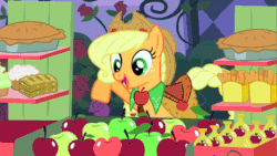 Size: 853x480 | Tagged: safe, imported from derpibooru, screencap, applejack, the best night ever, animated, apple, apple fries, apple fritter (food), apple pie, clothes, cupcake, dress, female, food, gala dress, grand galloping gala, pie