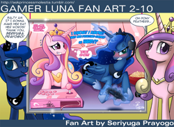 Size: 1100x804 | Tagged: safe, artist:angriestangryartist, artist:johnjoseco, imported from derpibooru, princess cadance, princess luna, alicorn, pony, ask princess molestia, gamer luna, duo, gamer cadance, popcorn, tumblr