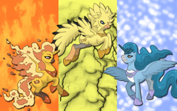 Size: 900x563 | Tagged: safe, artist:alicehumansacrifice0, imported from derpibooru, articuno, moltres, zapdos, pokémon, ponified