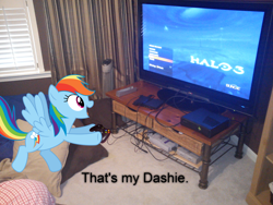 Size: 2592x1944 | Tagged: safe, artist:wincamxp, imported from derpibooru, rainbow dash, pony, game console, halo (series), halo 3, irl, nintendo, nintendo entertainment system, photo, playstation, playstation 2, ponies in real life, super nintendo, television, vector, xbox, xbox 360