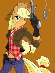 Size: 2530x3304 | Tagged: safe, artist:amostheartman, imported from derpibooru, applejack, anthro, fallout, gun, gunslinger, high res, revolver, rose of sharon cassidy, weapon