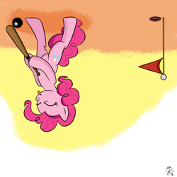 Size: 1500x1500 | Tagged: safe, artist:lamaneus, imported from derpibooru, pinkie pie, earth pony, pony, 8 ball, 8-ball, baseball bat, billiard ball, female, golf, mare, pinkie being pinkie, solo, upside down