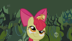 Size: 640x360 | Tagged: safe, imported from derpibooru, screencap, apple bloom, applejack, bridle gossip, season 1, appletini, ei, hub logo, micro