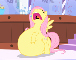 Size: 587x467 | Tagged: safe, edit, edited screencap, imported from derpibooru, screencap, fluttershy, pegasus, pony, green isn't your color, belly, big belly, bubble, burp, fat, fat edit, fattershy, inflation, inflation edit, squishy