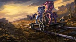 Size: 1920x1080 | Tagged: safe, artist:huussii, imported from derpibooru, pinkie pie, rarity, earth pony, pony, unicorn, the last roundup, angry, cactus, desert, duo, female, hand car, open mouth, plateau, railway track, scene interpretation, smiling, sunset, train tracks, trolley, wallpaper