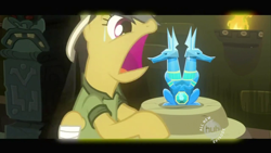 Size: 640x360 | Tagged: safe, imported from derpibooru, screencap, daring do, pegasus, pony, read it and weep, faic, female, hub logo, mare, sapphire statue