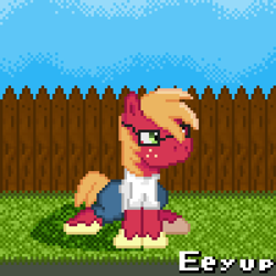 Size: 500x500 | Tagged: safe, artist:blue-cup, imported from derpibooru, big macintosh, earth pony, pony, fence, glasses, grass, hank hill, king of the hill, male, sprite, stallion