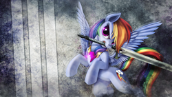 Size: 1920x1080 | Tagged: dead source, safe, artist:mackaged, artist:php58, artist:ponykillerx, deleted from derpibooru, imported from derpibooru, rainbow dash, awesome, sword, wallpaper