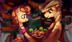 Size: 3448x2011 | Tagged: safe, artist:holivi, imported from derpibooru, braeburn, carrot top, golden harvest, carrot, carrotburn, female, high res, male, shipping, straight