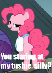 Size: 214x301 | Tagged: safe, edit, edited screencap, imported from derpibooru, screencap, pinkie pie, pony, dragonshy, bronybait, butt, caption, cropped, female, hub logo, lidded eyes, mare, plot, saddle bag
