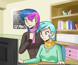 Size: 960x800 | Tagged: safe, artist:sallymon, imported from derpibooru, bon bon, lyra heartstrings, sweetie drops, human, bon bon is not amused, computer, duo, female, humanized, lesbian, lyra is not amused, lyrabon, shipping