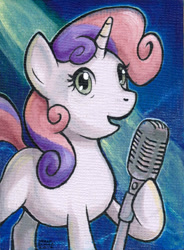 Size: 441x600 | Tagged: safe, artist:aokibengal, imported from derpibooru, sweetie belle, pony, unicorn, female, microphone, solo, traditional art