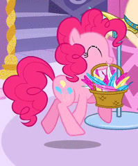 Size: 199x240 | Tagged: safe, imported from derpibooru, screencap, pinkie pie, pony, green isn't your color, season 1, animated, basket, cropped, eyes closed, feather, female, mouth hold, solo, trotting