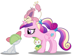 Size: 720x552 | Tagged: safe, artist:seaandsunshine, imported from derpibooru, princess cadance, alicorn, petilil, pony, ralts, skitty, bow, crossover, crying, cute, female, hair bow, mare, pokémon, simple background, teen princess cadance, transparent background, vector, younger