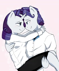 Size: 1469x1756 | Tagged: safe, artist:nolycs, imported from derpibooru, rarity, anthro, carrying, elusive, eye contact, female, looking at each other, male, rarilusive, rule 63, self ponidox, selfcest, shipping, straight