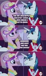 Size: 496x810 | Tagged: safe, edit, edited screencap, imported from derpibooru, screencap, princess cadance, shining armor, alicorn, pony, unicorn, a canterlot wedding, bedroom eyes, carriage, clothes, dress, female, honeymoon talk, hub logo, image macro, looking at each other, male, mare, shiningcadance, shipping, stallion, straight, wedding dress, wedding veil