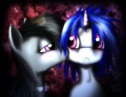 Size: 1091x843 | Tagged: safe, artist:taliesin-the-dragoon, imported from derpibooru, dj pon-3, octavia melody, vinyl scratch, :c, bedroom eyes, female, frown, kissing, lesbian, scratchtavia, shipping, wide eyes