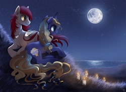 Size: 1188x865 | Tagged: safe, artist:ruhje, imported from derpibooru, oc, oc only, pegasus, pony, unicorn, candle, female, male, mare, moon, night, ocean, outdoors, scenery, stallion, stargazing