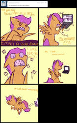 Size: 1030x1637 | Tagged: safe, artist:feathersandink, imported from derpibooru, scootaloo, angry, ask, comic, computer, laptop computer, solitaire, teeth, that scootaloo, tumblr