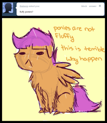 Size: 520x598 | Tagged: safe, artist:feathersandink, imported from derpibooru, scootaloo, ask, fluffy, that scootaloo, tumblr
