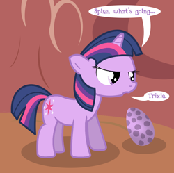 Size: 954x950 | Tagged: safe, imported from derpibooru, spike, twilight sparkle, ask stalker trixie, egg, filly, solo