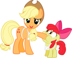 Size: 934x746 | Tagged: safe, artist:rhubarb-leaf, imported from derpibooru, apple bloom, applejack, earth pony, pony, apron, clothes, hoof in mouth, simple background, transparent background, vector