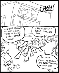 Size: 827x1025 | Tagged: safe, artist:metal-kitty, imported from derpibooru, applejack, rainbow dash, comic:mlp project, angry, comic, crash, cup, imminent fight, monochrome