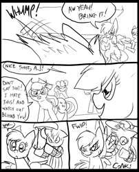 Size: 827x1025 | Tagged: safe, artist:metal-kitty, imported from derpibooru, applejack, rainbow dash, oc, comic:mlp project, angry, chair, comic, fight, floppy ears, looking at each other, looking at someone, monochrome