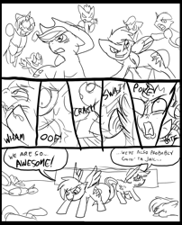 Size: 827x1025 | Tagged: safe, artist:metal-kitty, imported from derpibooru, applejack, rainbow dash, oc, comic:mlp project, comic, looking over shoulder, monochrome, punch, smiling, worried