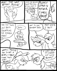 Size: 827x1025 | Tagged: safe, artist:metal-kitty, imported from derpibooru, applejack, pinkie pie, rainbow dash, oc, comic:mlp project, cheering, comic, eyes closed, pointing, sad, table, upset, yelling