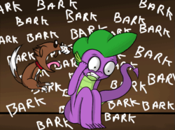 Size: 725x539 | Tagged: safe, artist:spikeandfriends, imported from derpibooru, spike, winona, abuse, animated, annoying, applejacks pet, dark, dungeon, funny, insanity, pet, slave, spike and friends, spikeabuse