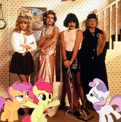 Size: 475x479 | Tagged: safe, imported from derpibooru, apple bloom, scootaloo, sweetie belle, human, pony, brian may, cutie mark crusaders, freddie mercury, irl, irl human, john deacon, manly, manly as fuck, photo, ponies in real life, queen (band), roger taylor, vector