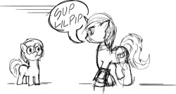 Size: 1486x795 | Tagged: safe, artist:inivonwini, imported from derpibooru, pipsqueak, oc, oc:littlepip, earth pony, pony, unicorn, fallout equestria, black and white, clothes, colt, fanfic, fanfic art, female, grayscale, horn, jumpsuit, male, mare, monochrome, pipbuck, simple background, vault suit, white background