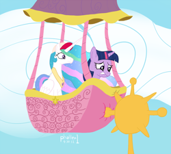 Size: 1152x1036 | Tagged: safe, artist:phallen1, imported from derpibooru, princess celestia, twilight sparkle, canterlot, hot air balloon, twinkling balloon