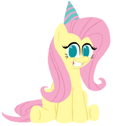 Size: 417x463 | Tagged: safe, artist:ponett, imported from derpibooru, fluttershy, pegasus, pony, female, hat, mare, open mouth, party hat, simple background, sitting, smiling, solo, transparent background