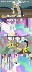 Size: 427x960 | Tagged: safe, imported from derpibooru, discord, princess celestia, comic, discord being discord, doopeydooscood, joke