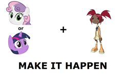 Size: 1337x796 | Tagged: safe, imported from derpibooru, sweetie belle, twilight sparkle, human, pony, robot, robot pony, unicorn, all caps, exploitable meme, female, filly, foal, horn, make it happen, meme, meta, sari sumdac, sweetie bot, text, transformers, transformers animated, voice actor joke