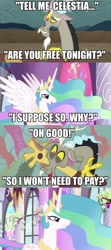Size: 800x1800 | Tagged: safe, edit, edited screencap, imported from derpibooru, screencap, discord, princess celestia, alicorn, draconequus, pony, the return of harmony, caption, comic, doopeydooscood, female, joke, male, mare, pickup lines, prostitution, straight
