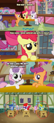 Size: 500x1123 | Tagged: safe, edit, edited screencap, imported from derpibooru, screencap, apple bloom, archer (character), diamond tiara, liza doolots, noi, petunia, scootablue, scootaloo, silver spoon, sun glimmer, sweetie belle, tootsie flute, tornado bolt, twist, earth pony, pegasus, pony, unicorn, call of the cutie, circled, comic, cutie mark crusaders, female, filly, foal, recolor, screencap comic
