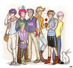 Size: 900x840 | Tagged: safe, artist:stkidd, imported from derpibooru, applejack, fluttershy, gummy, pinkie pie, rainbow dash, rarity, spike, twilight sparkle, human, applejack (male), barb, bubble berry, butterscotch, clothes, converse, dusk shine, elusive, facial hair, gummette, humanized, mane seven, rainbow blitz, rule 63, shoes, skirt