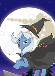 Size: 1200x1662 | Tagged: safe, artist:teenbulma, imported from derpibooru, trixie, pony, unicorn, female, hat, leaf, mare, mare in the moon, moon, witch hat